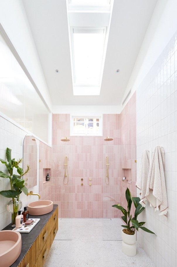 Pink subway tile bathroom idea