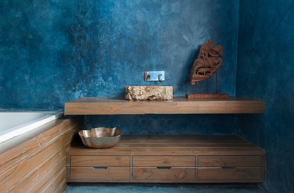 Asian Bathroom Paint Inspirations: Navy Blue Walls and Wooden Drawers